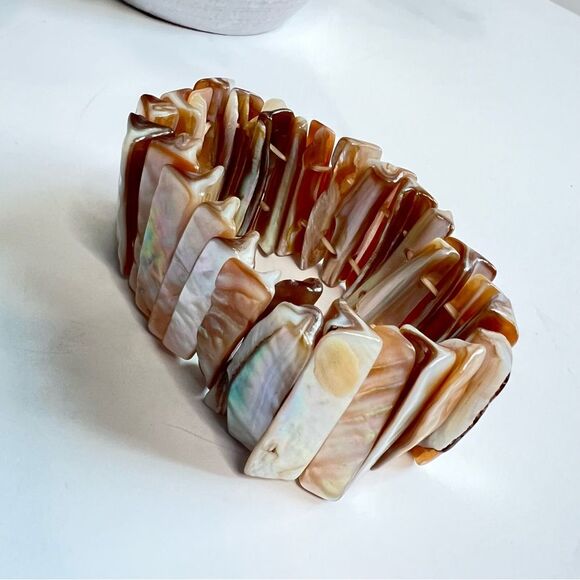 Vintage Abalone Shell Stretch Chunky Cuff Bracelet Mother of Pearl Boho - Picture 2 of 8